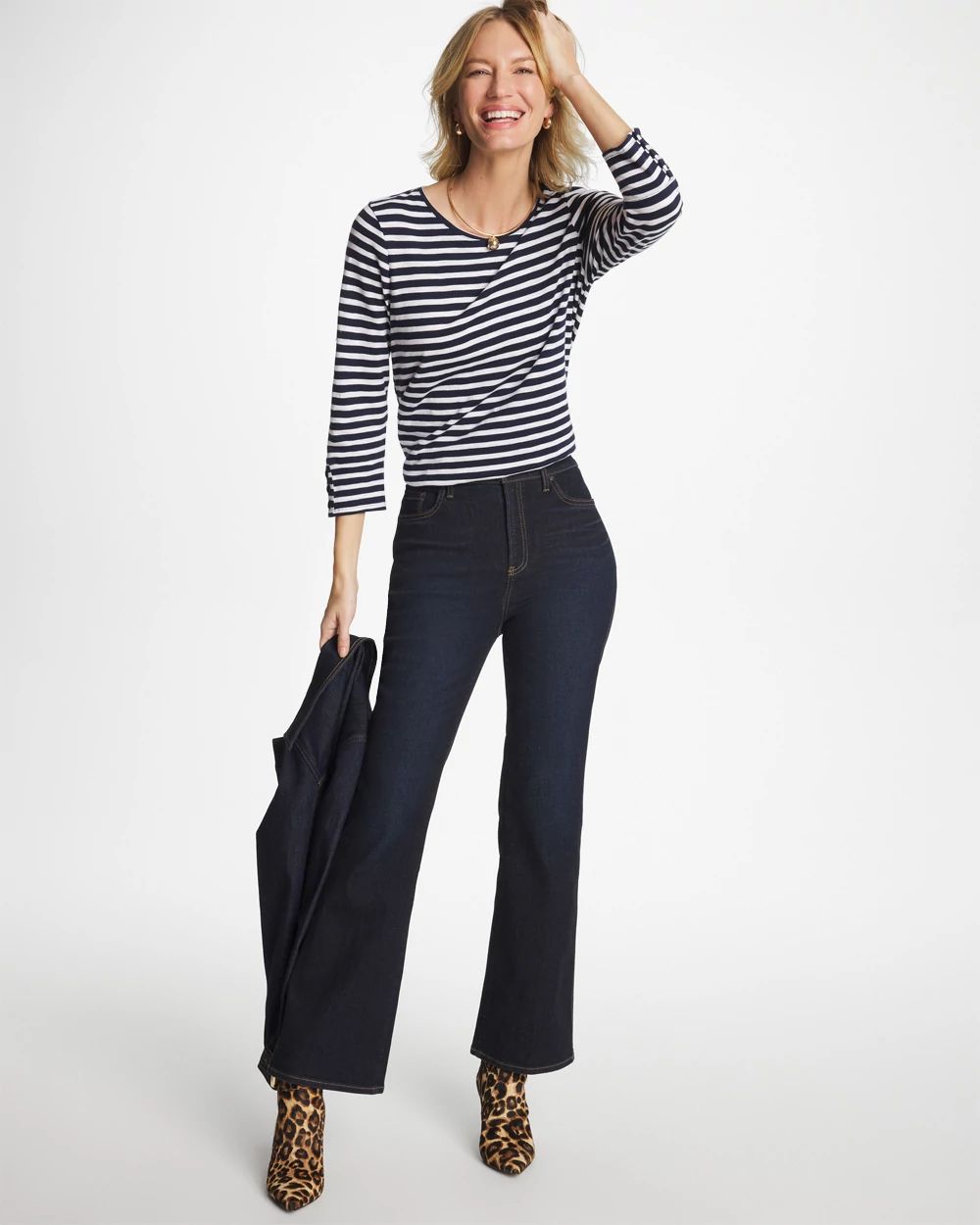 Striped Cotton Slub 3/4 Sleeve Button Tee click to view larger image.