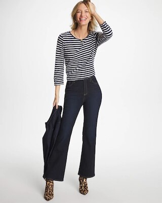 Striped Cotton Slub 3/4 Sleeve Button Tee click to view larger image.
