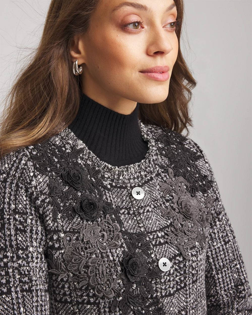 Embroidered Metallic Tweed Cardigan click to view larger image.