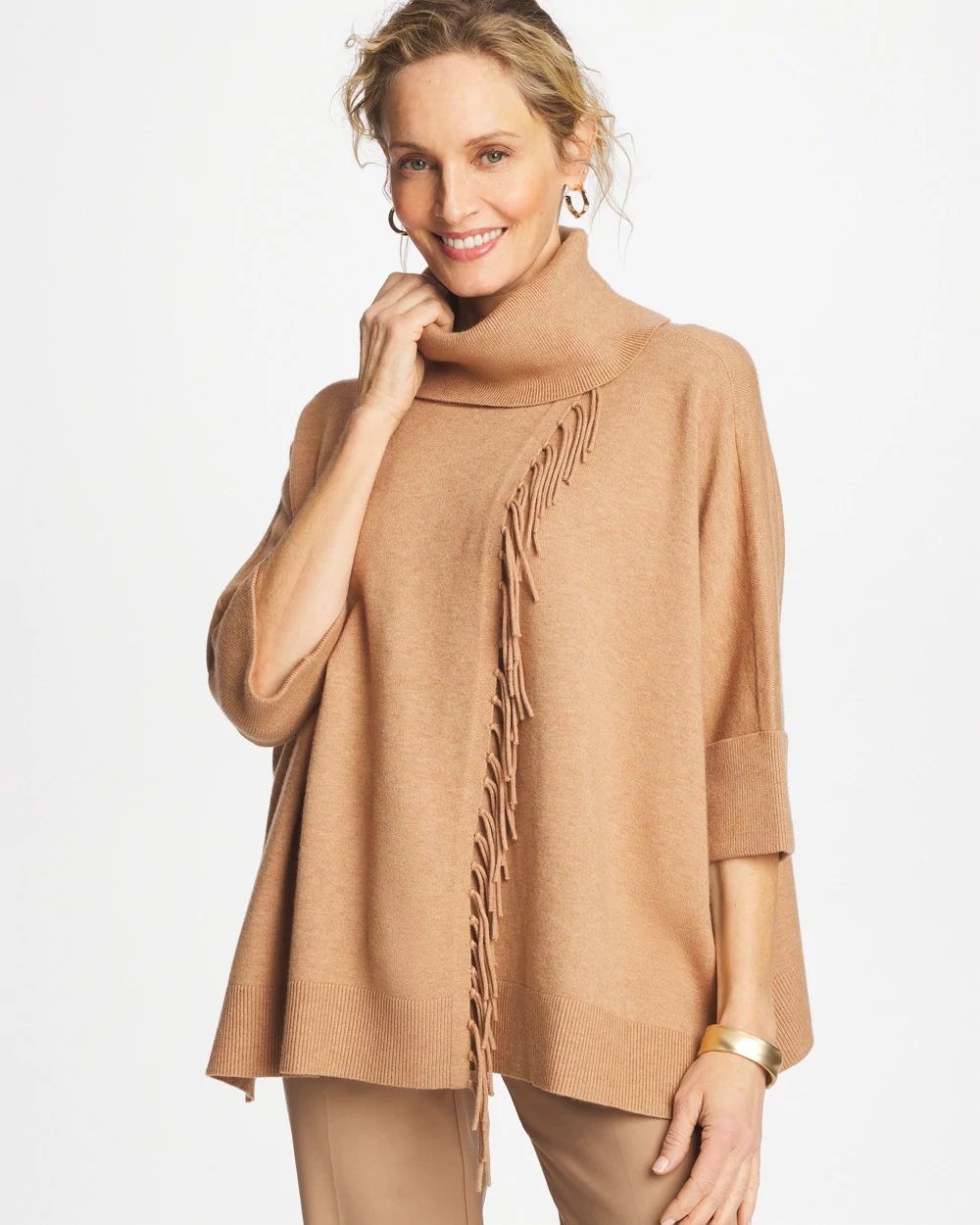 Cowlneck Knit Fringe Poncho click to view larger image.