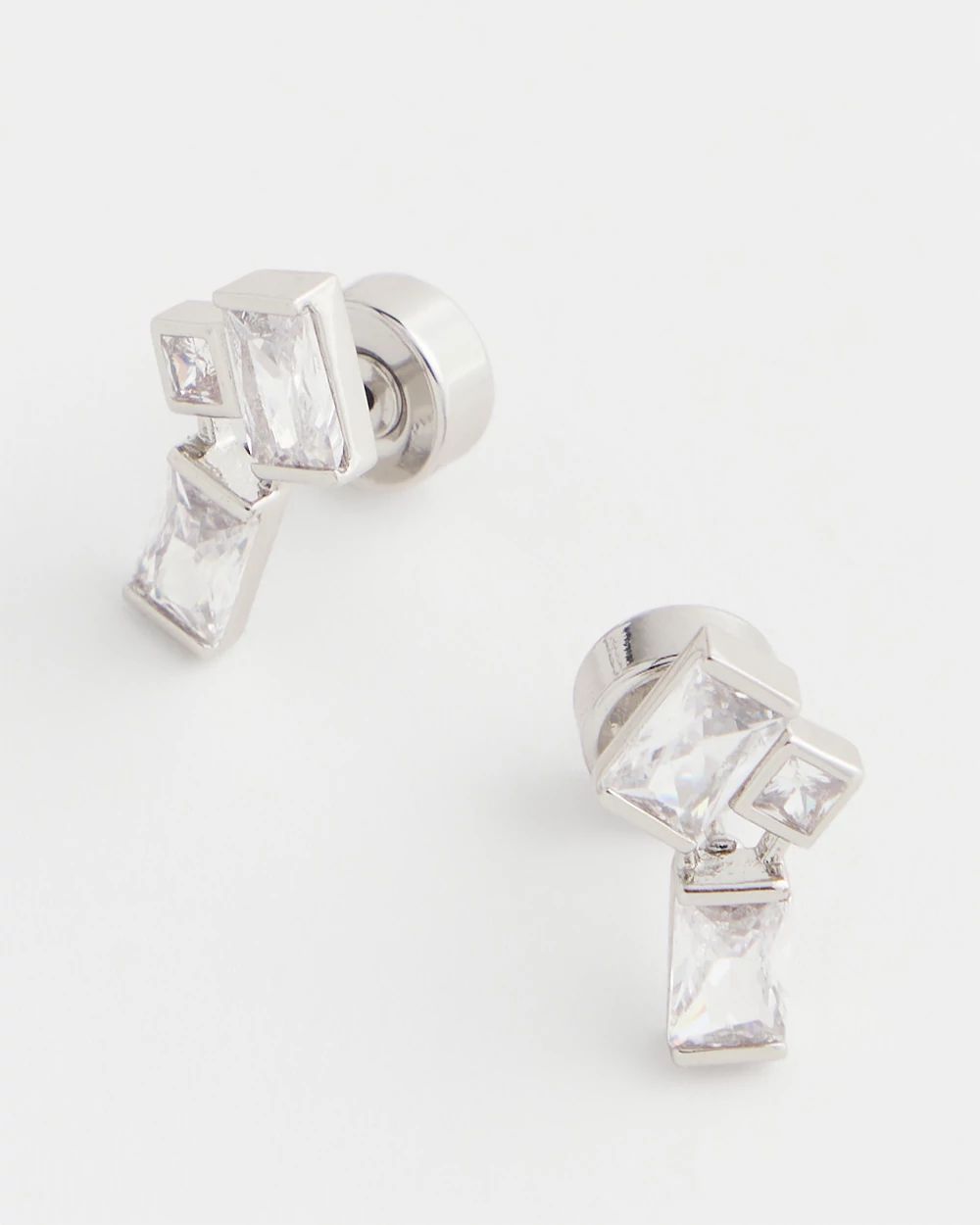 Emerald Cut Silvertone Cluster Stud Earrings