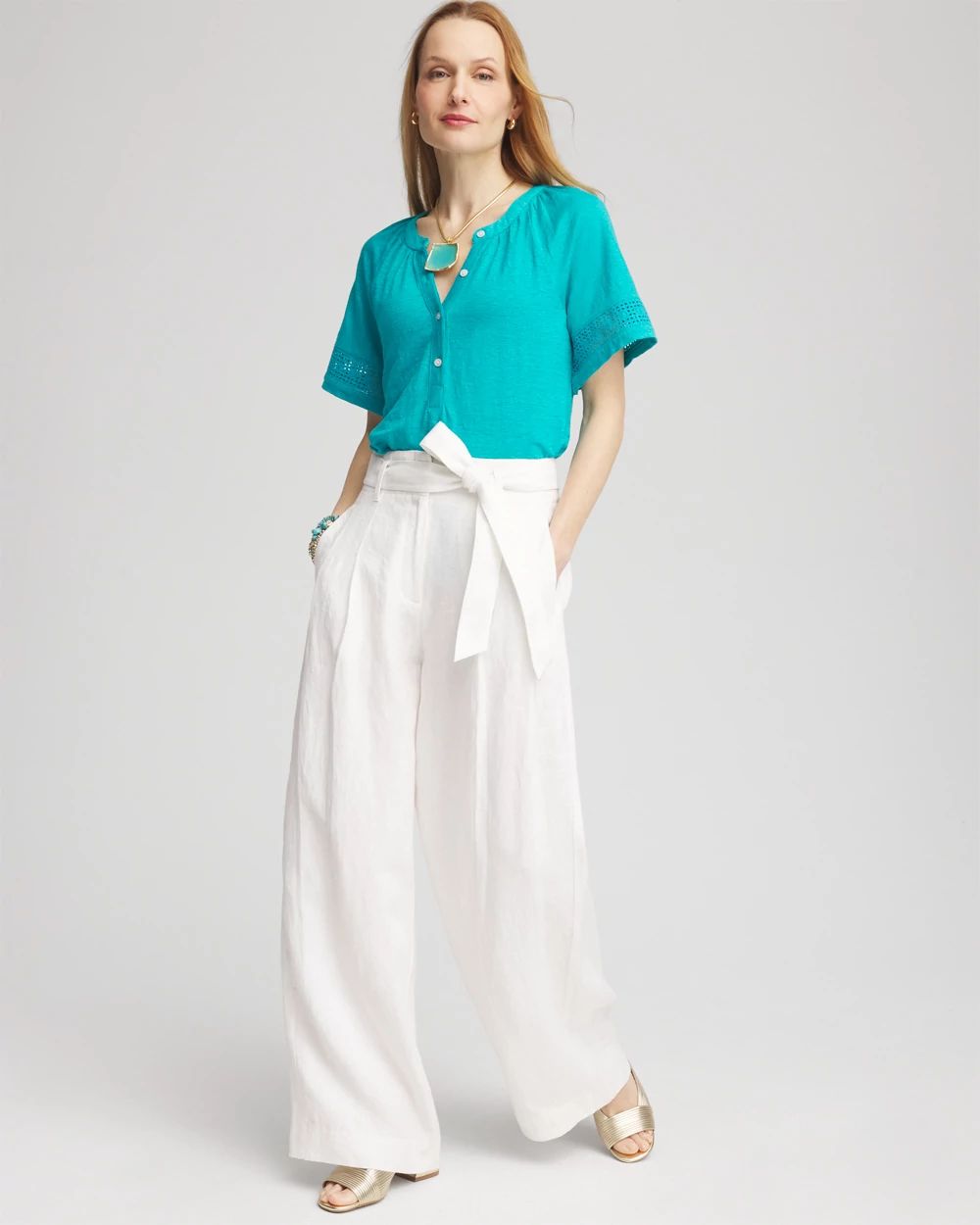 Linen Lace-Cutwork Sleeve Henley Tee