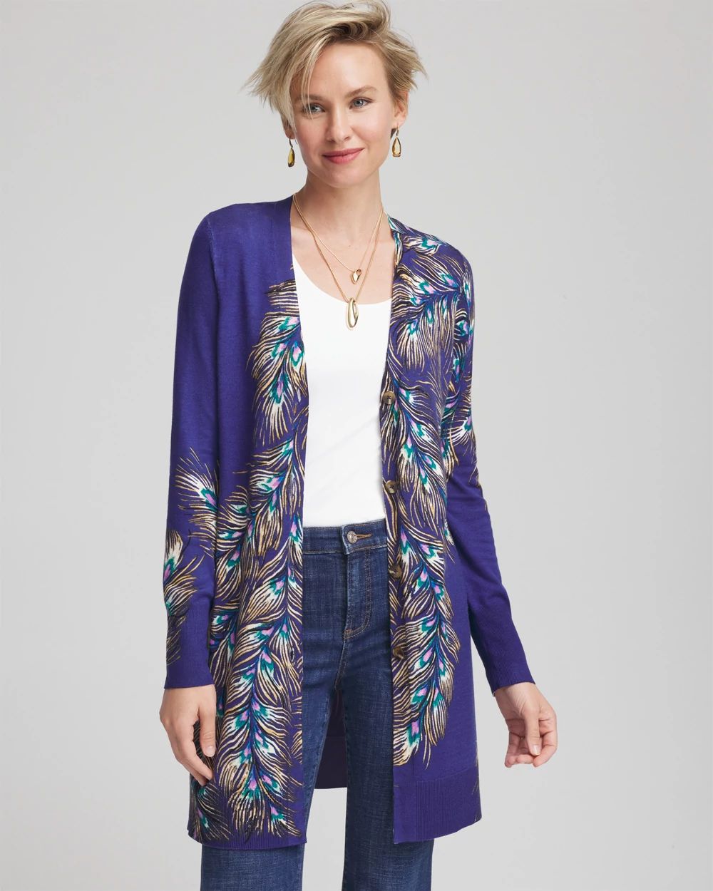 Ella Peacock-Print Cardigan Sweater