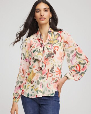 Floral Jacquard Tie-Front Blouse