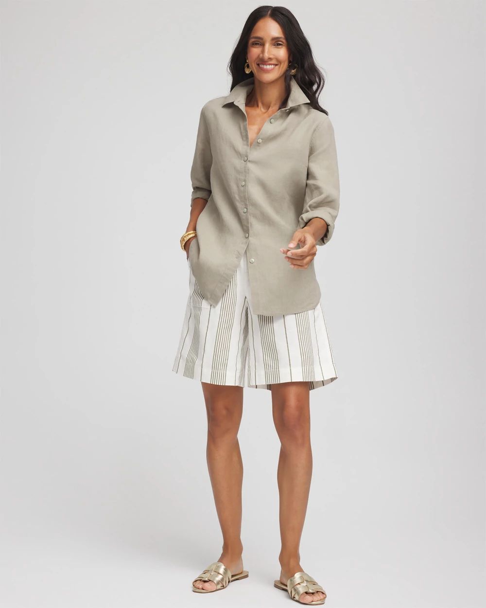 Striped Cotton-Linen Pull-On Utility Shorts click to view larger image.