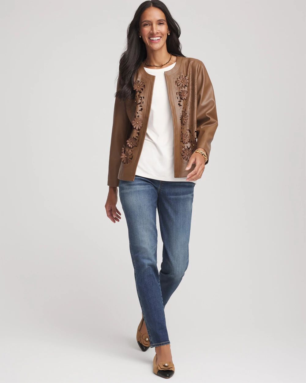 Floral Cutwork Faux Leather Jacket click to view larger image.