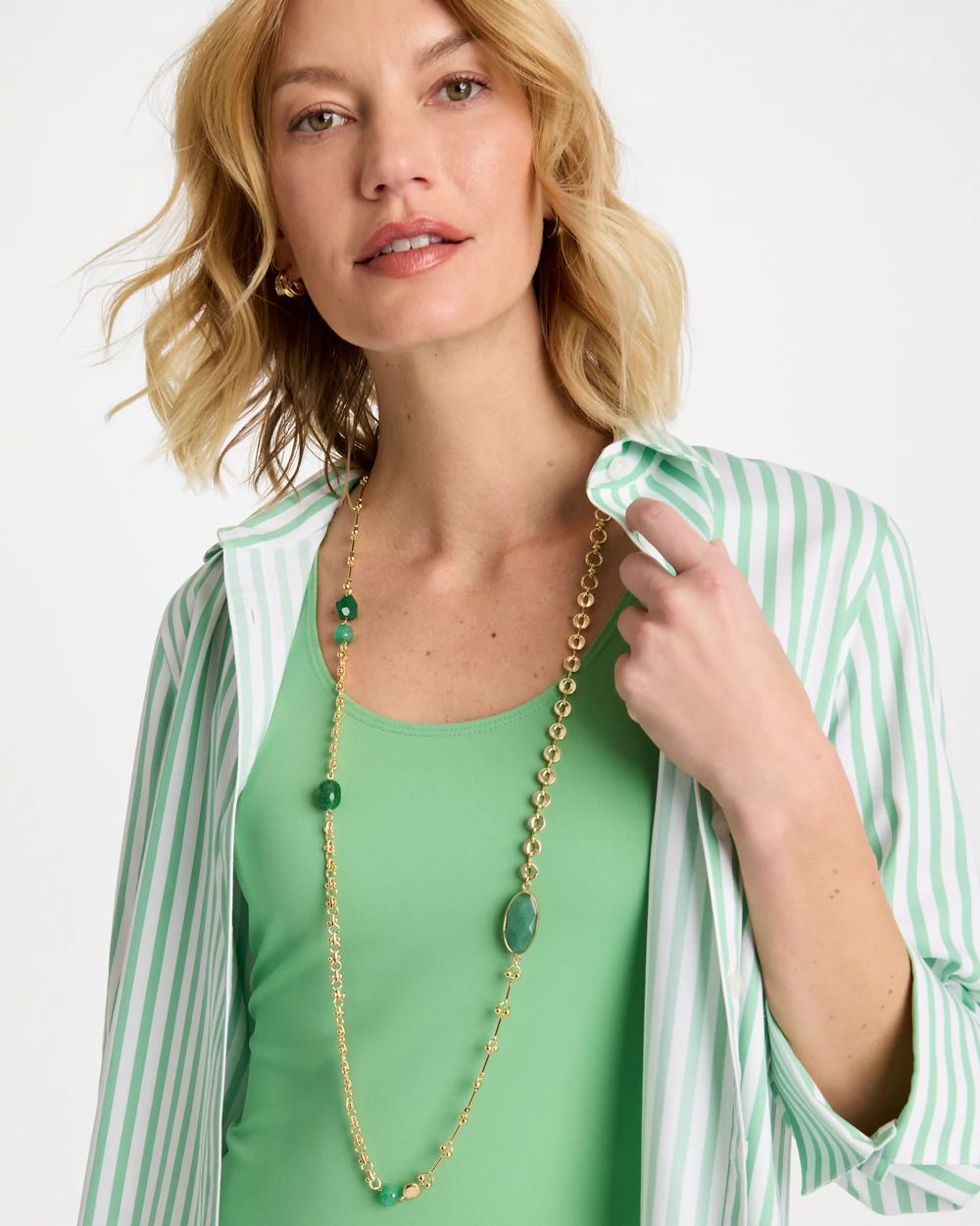 Green Accent Long Single Strand Necklace