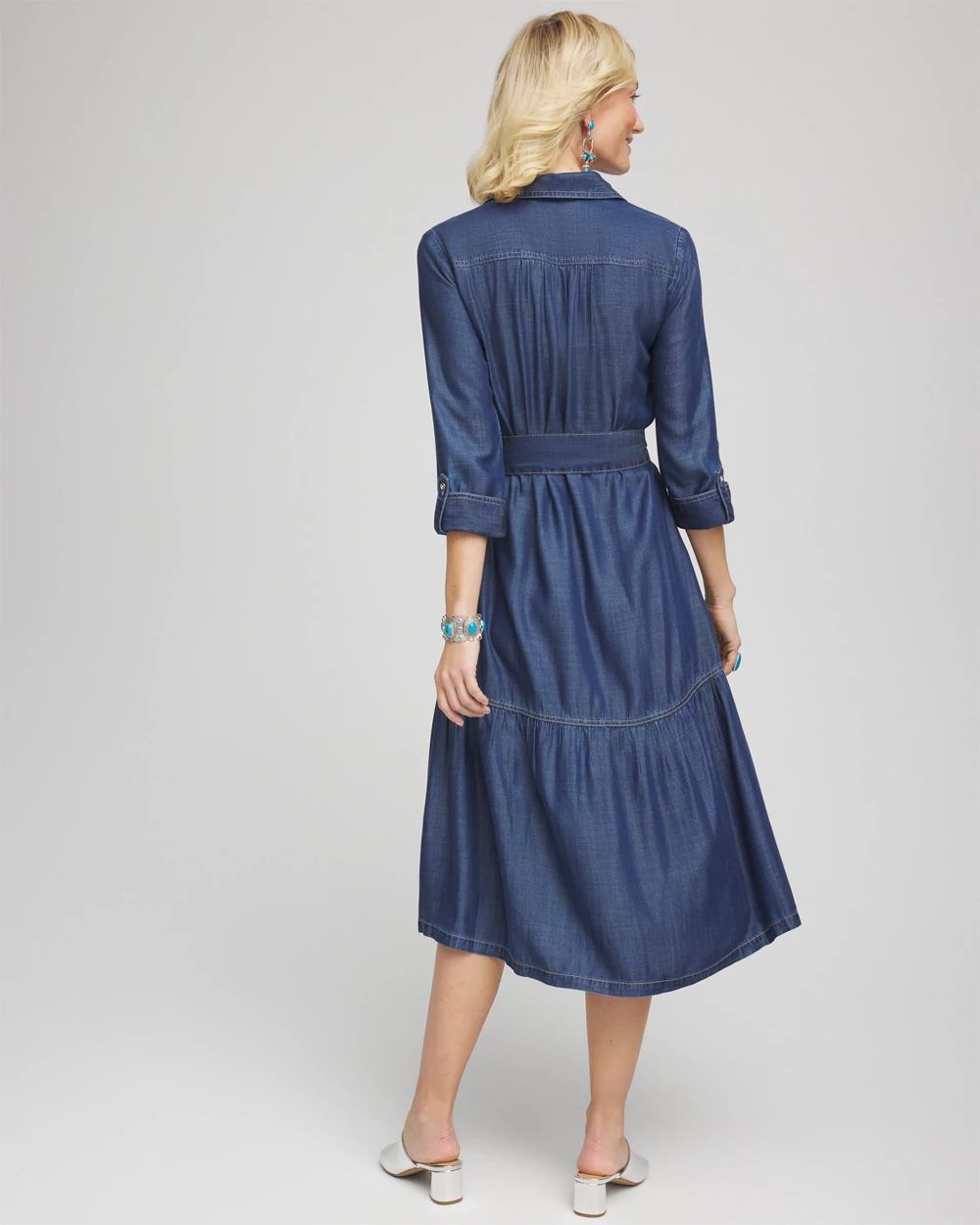 Petite Tencel™ Tiered Belted Jean Shirtdress
