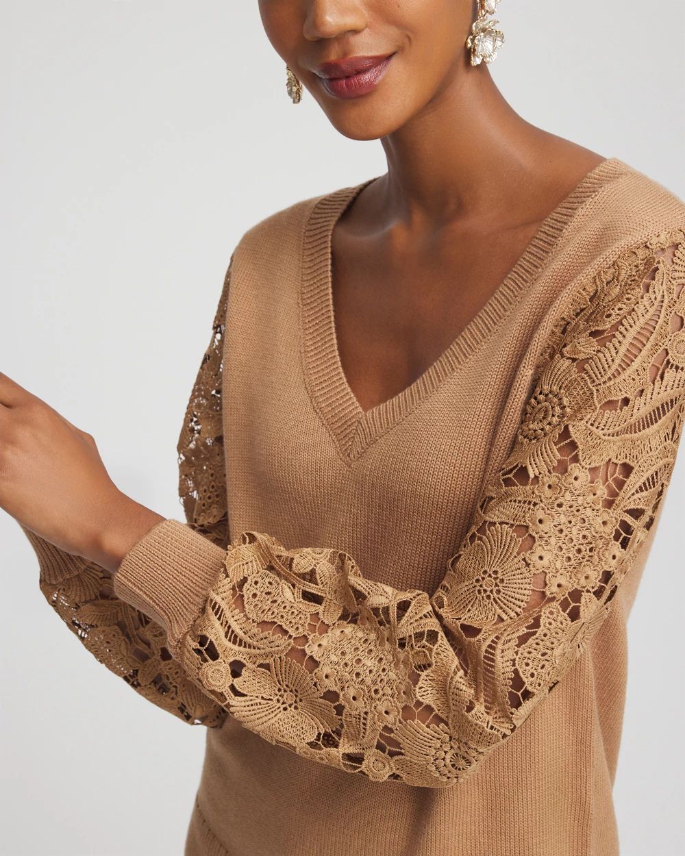 Woven Lace V-Neck Pullover Sweater