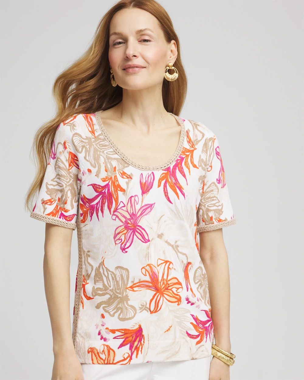 Floral Print Crochet-Trim Pullover Sweater