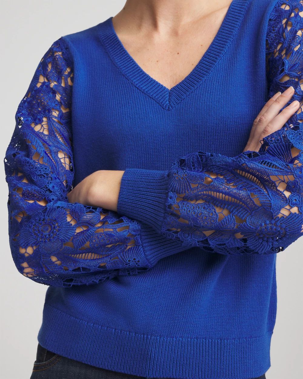 Woven Lace V-Neck Pullover Sweater