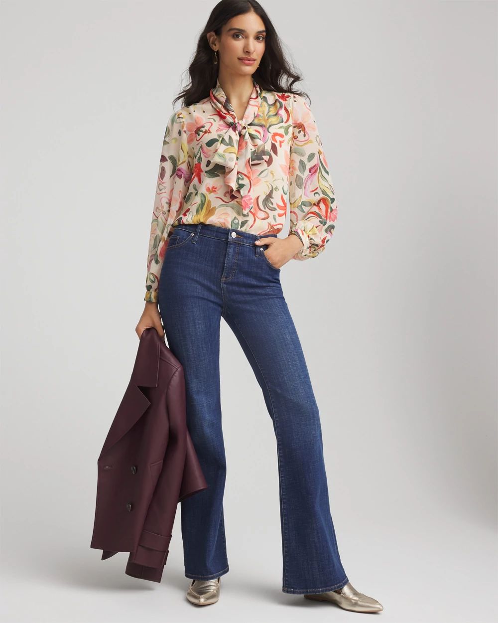 Floral Jacquard Tie-Front Blouse click to view larger image.