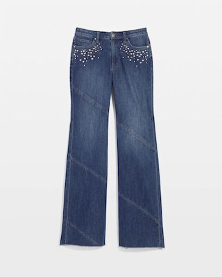 Embellished Frayed Flared-Leg Jeans click to view larger image.