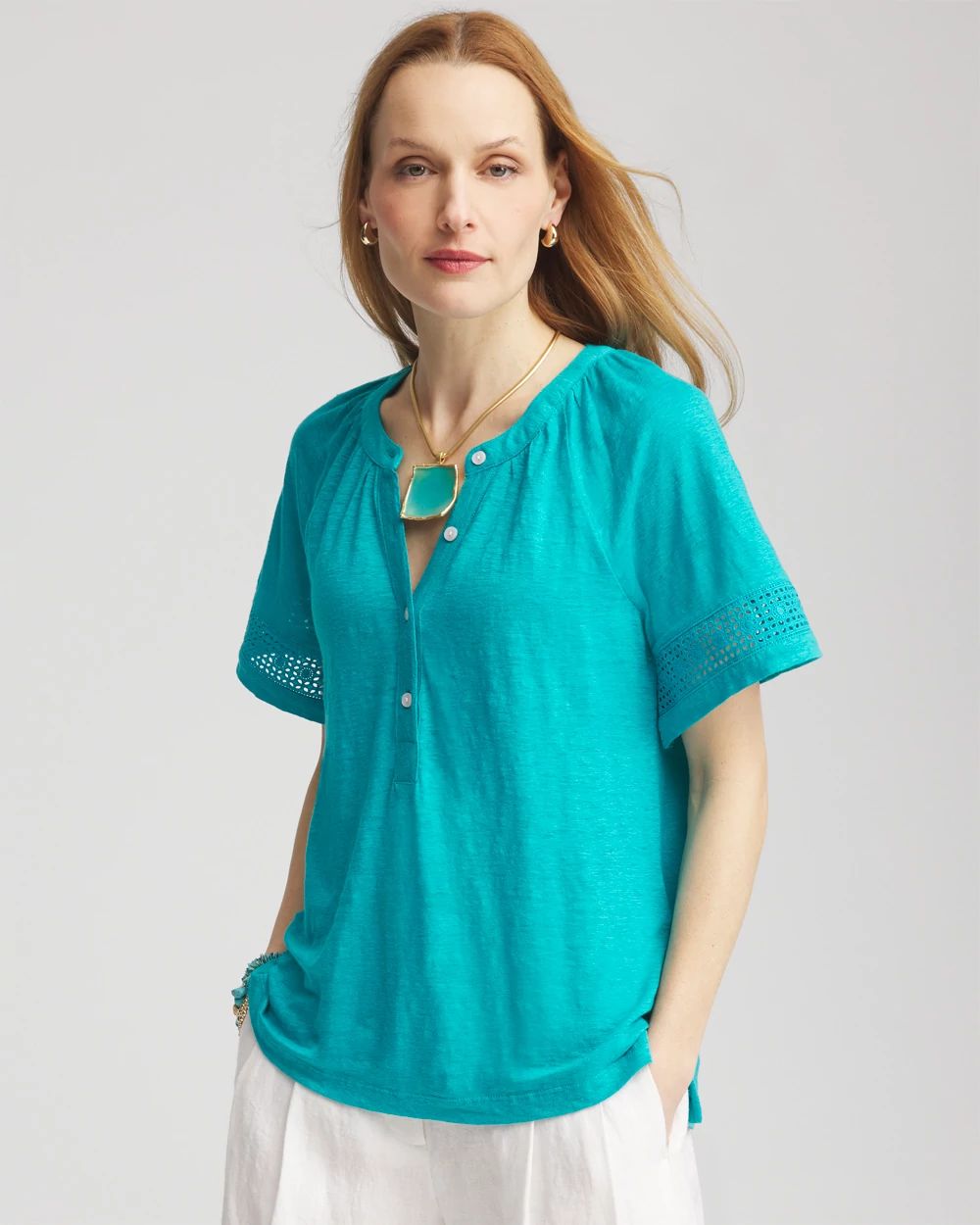 Linen Lace-Cutwork Sleeve Henley Tee