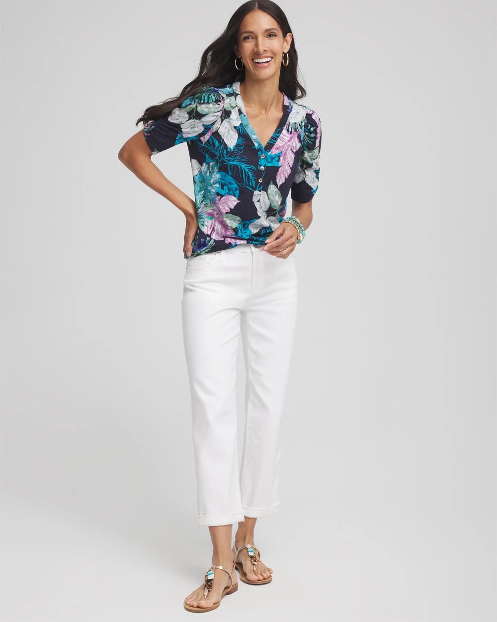 Tropical Slub Shirred-Sleeve Henley Tee