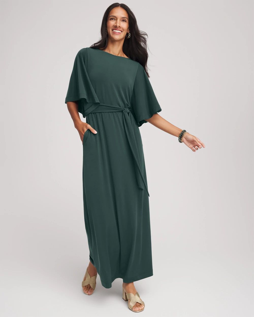 Belted Flutter-Sleeve Maxi Dress click to view larger image.