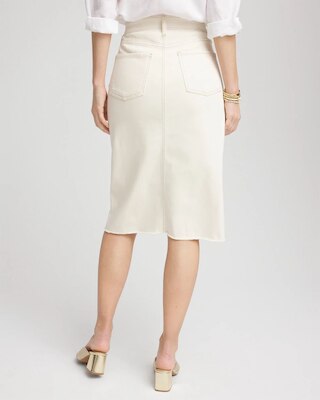 Frayed High-Rise Midi Stretch Denim Skirt click to view larger image.