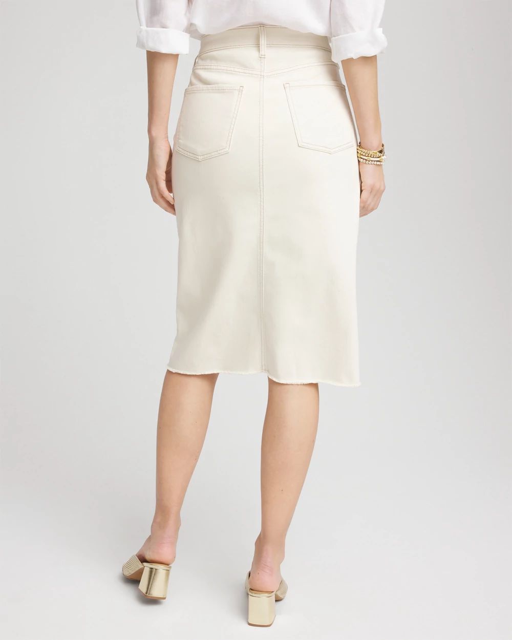 Frayed High-Rise Midi Stretch Denim Skirt