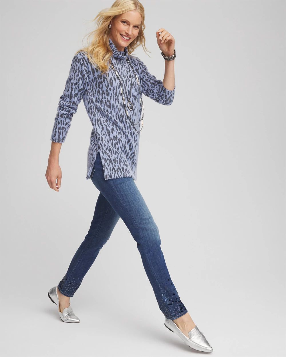 Jacquard Animal Print Mock Neck Pullover Tunic click to view larger image.