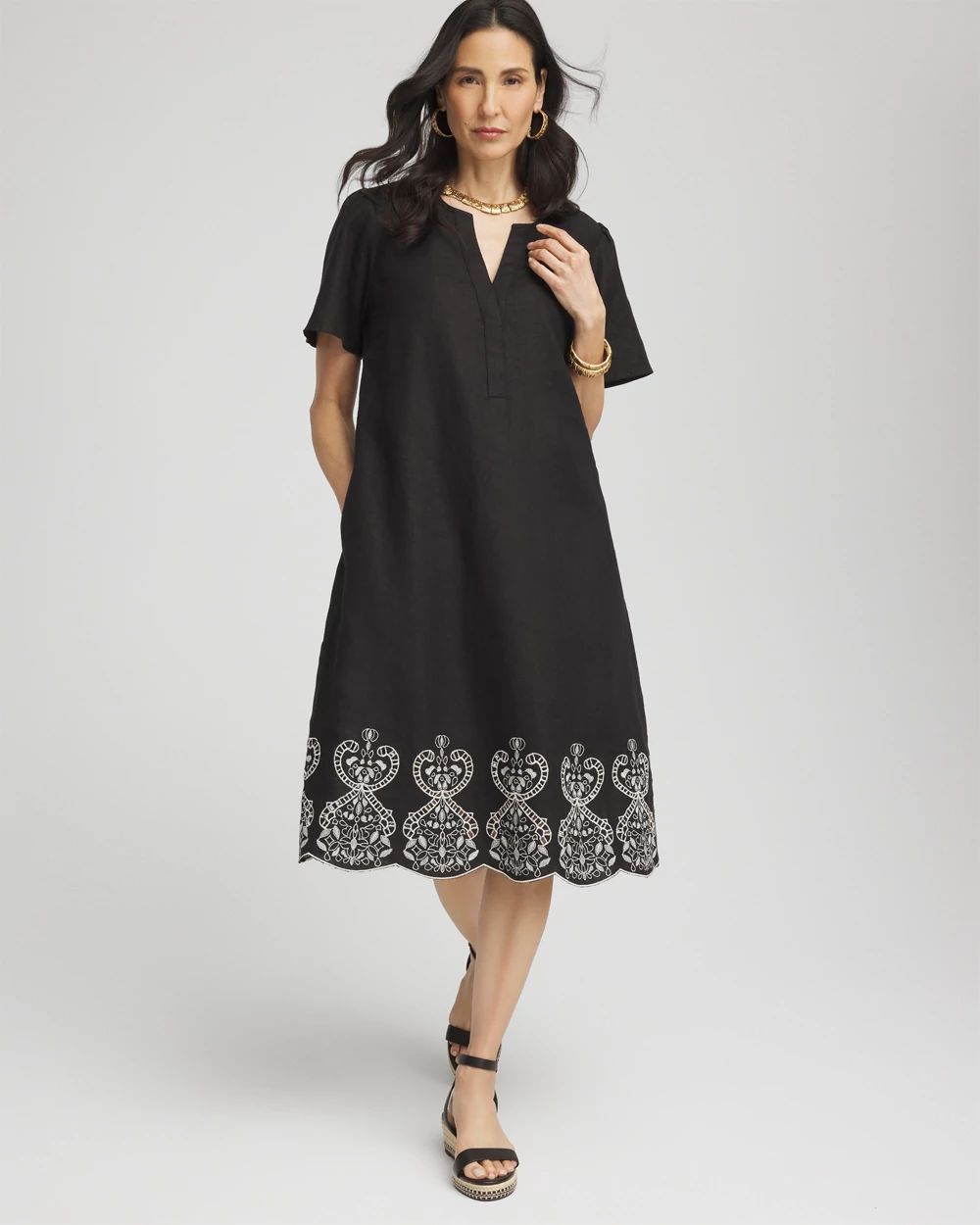 Embroidered Linen Flutter-Sleeve Dress