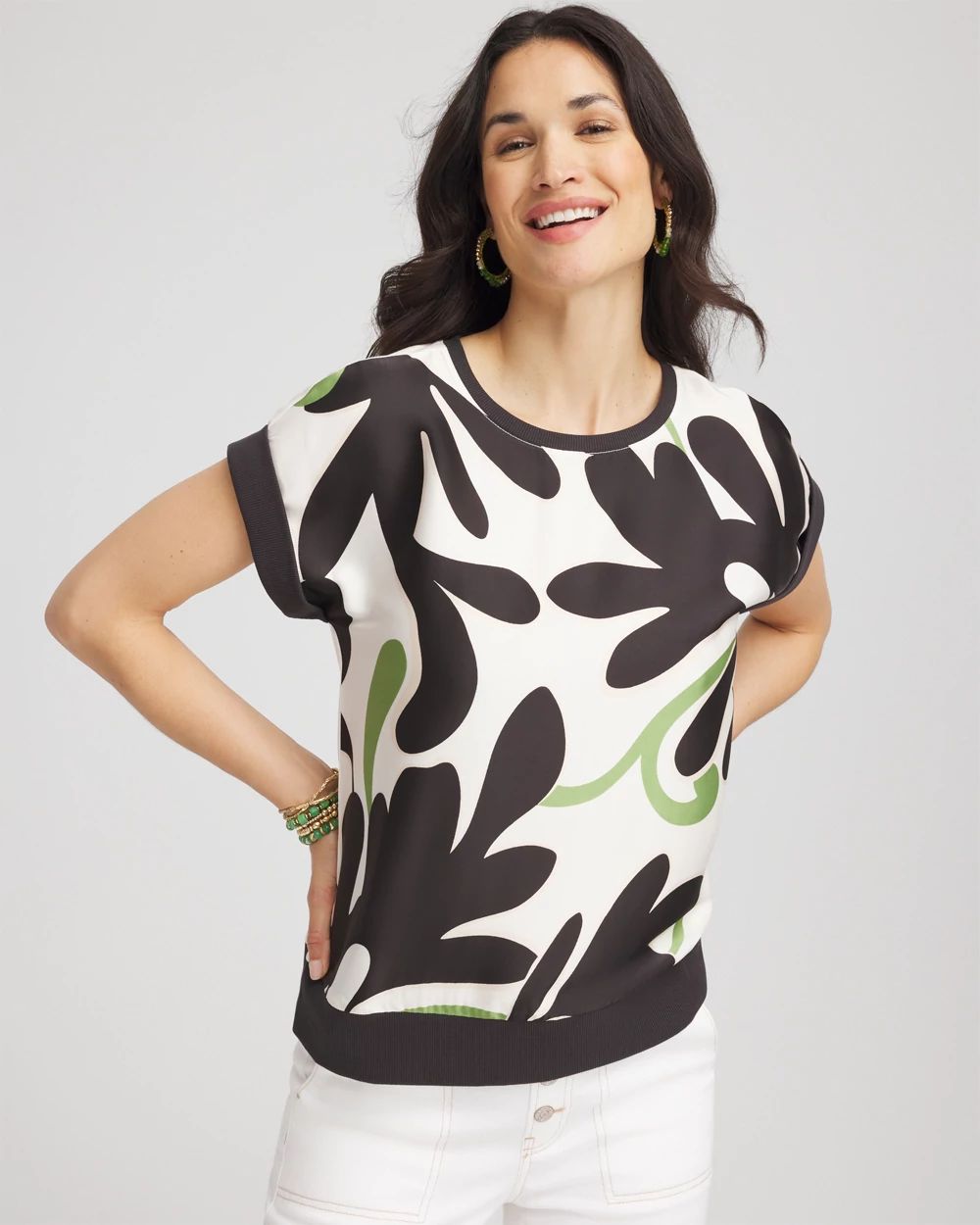 Floral Rib-Knit Satin Top