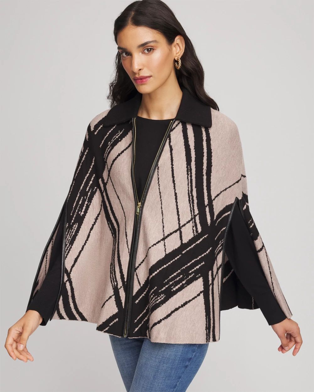 Jacquard Zip-Front Sweater Cape