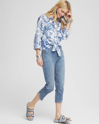 Pull-On Dolphin-Hemmed Capri Jeans click to view larger image.