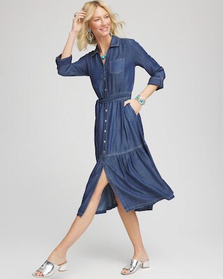 Tencel™ Tiered Belted Jean Shirtdress click to view larger image.