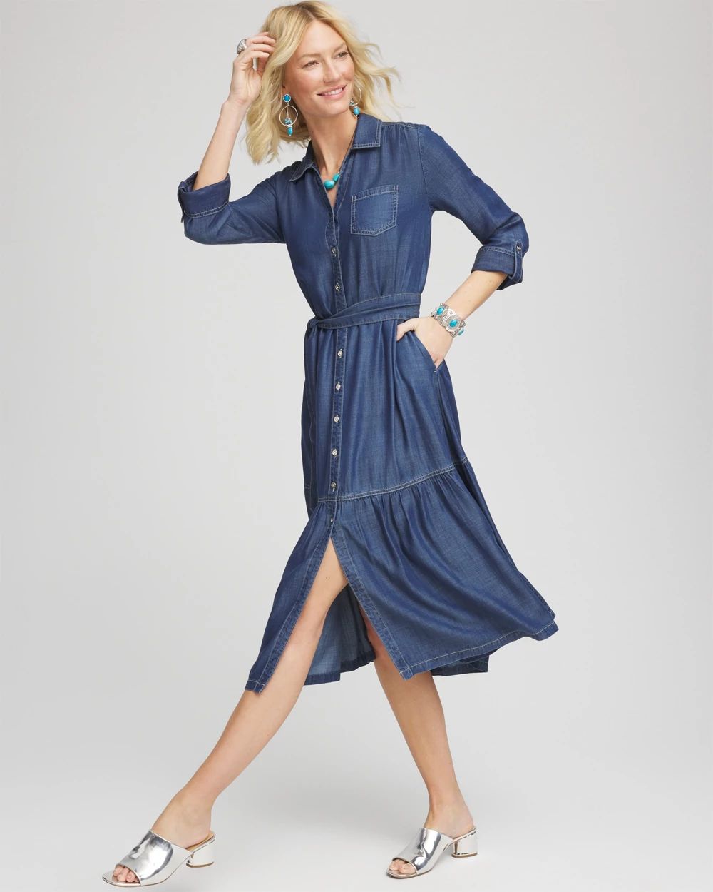 Petite Tencel™ Tiered Belted Jean Shirtdress