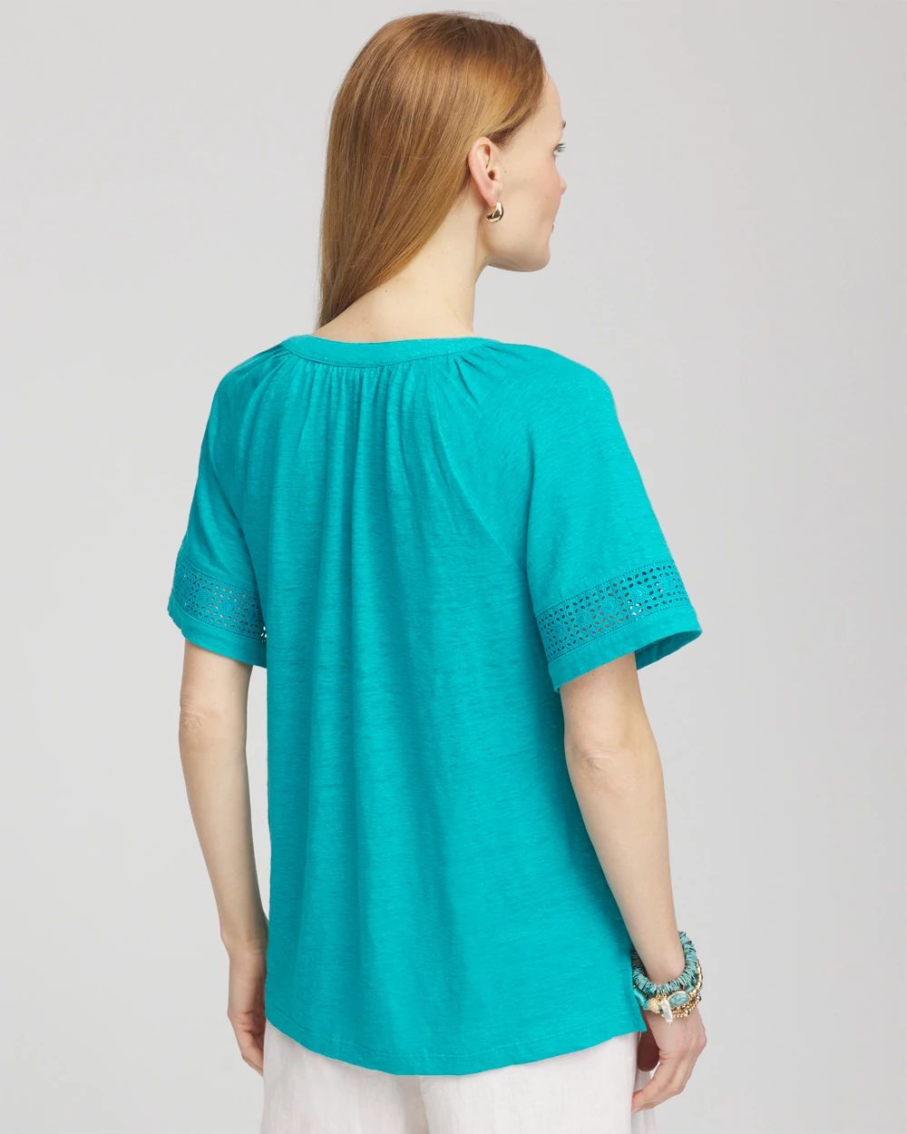 Linen Lace-Cutwork Sleeve Henley Tee click to view larger image.