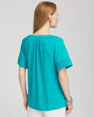Linen Lace-Cutwork Sleeve Henley Tee click to view larger image.