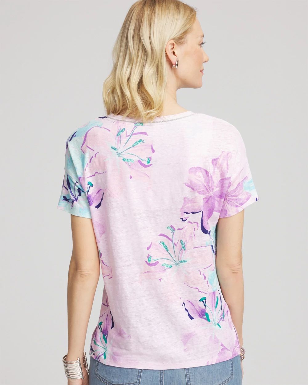 Floral Sweater-Trim Linen Tee