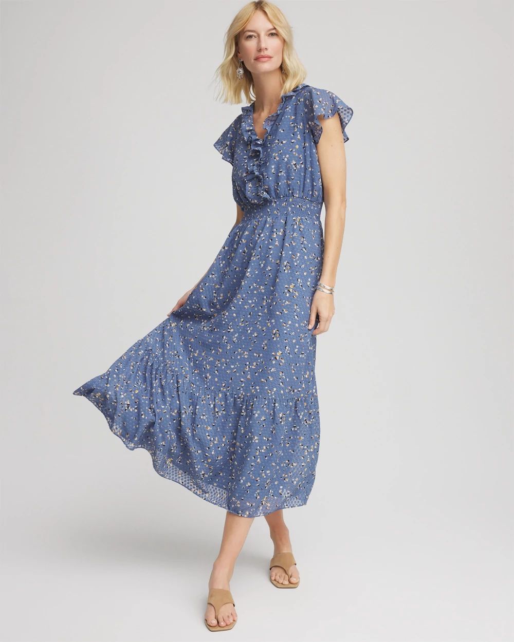 Petite Textured Ruffled-Placket Maxi Dress
