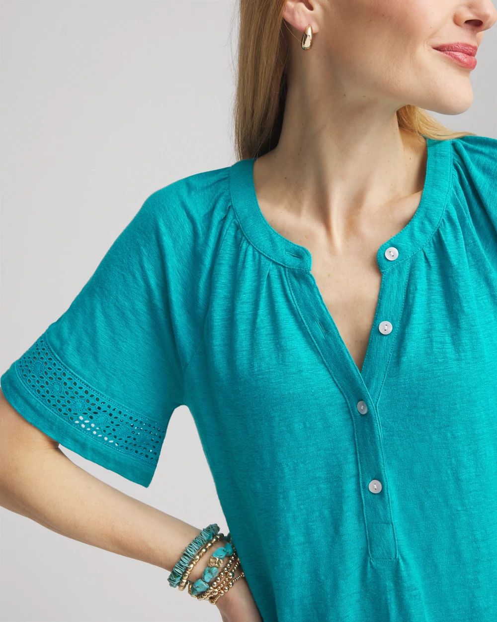 Linen Lace-Cutwork Sleeve Henley Tee click to view larger image.
