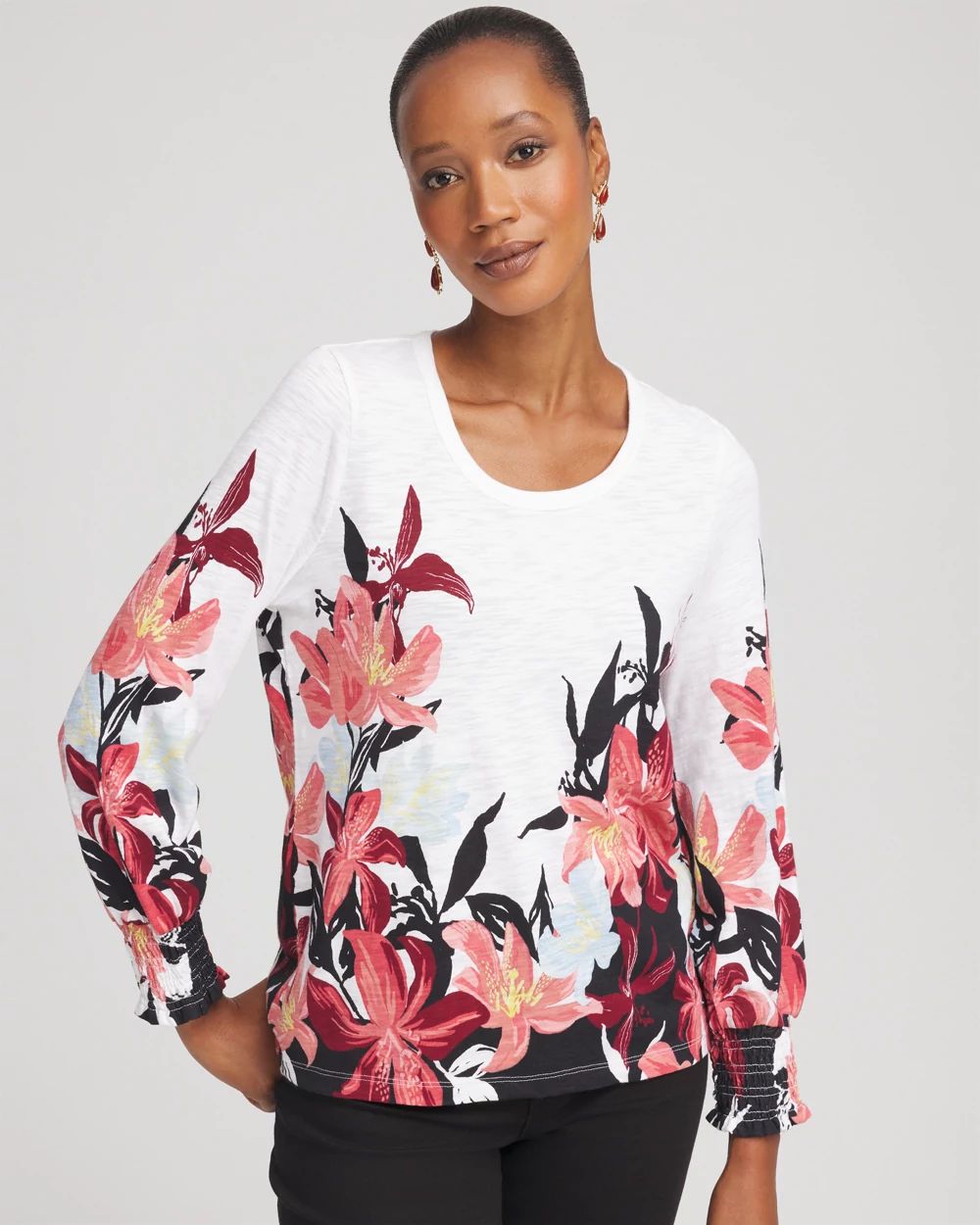 Floral-Motif Smocked Cotton-Slub Tee