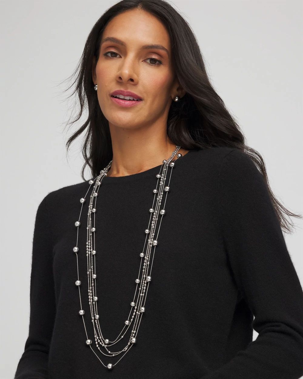 Multistrand Beaded Silvertone Necklace click to view larger image.