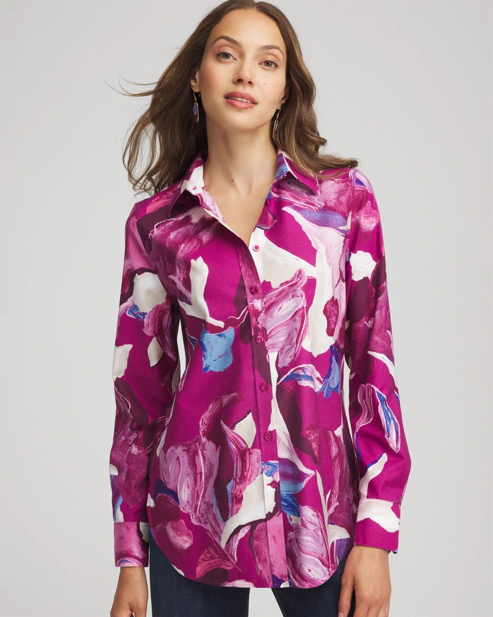 No Iron™ Floral-Paint-Print Shirt