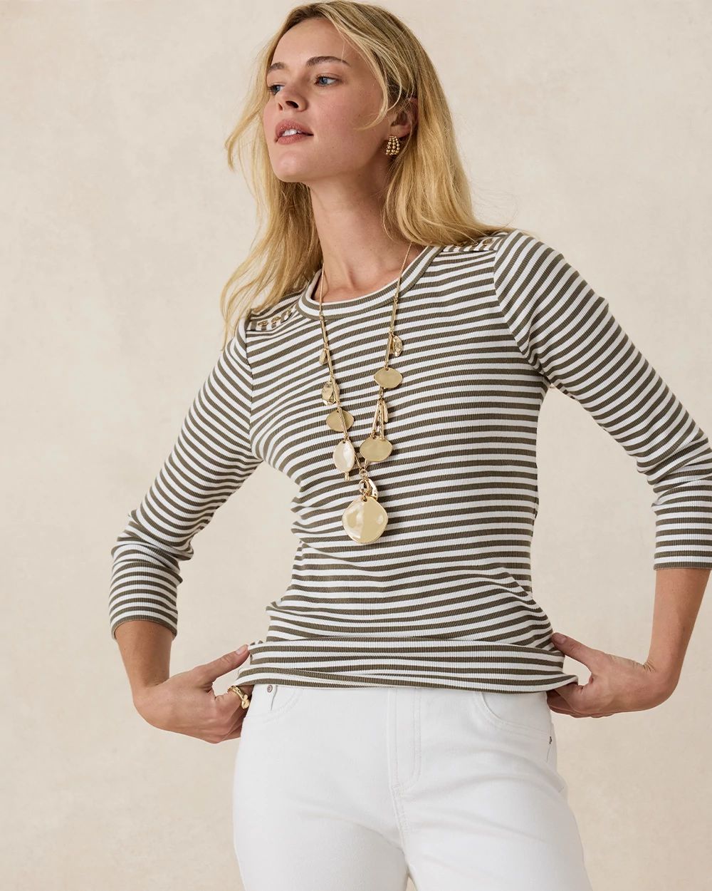 Striped Ribbed Button Crewneck Tee