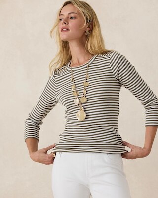 Striped Ribbed Button Crewneck Tee