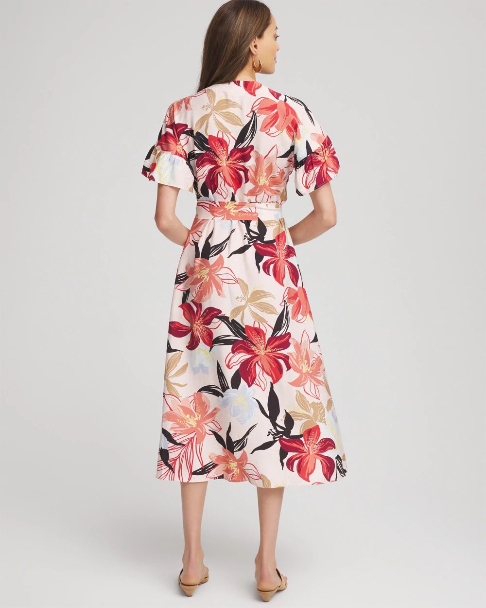 Tonal Floral Ruffle-Sleeved Midi Dress click to view larger image.