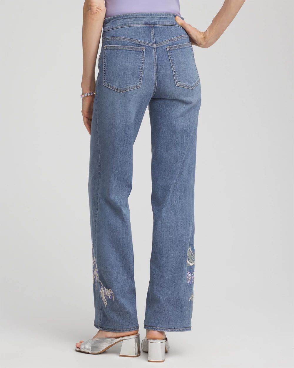 Embroidered Pull-On Wide-Leg Jeans