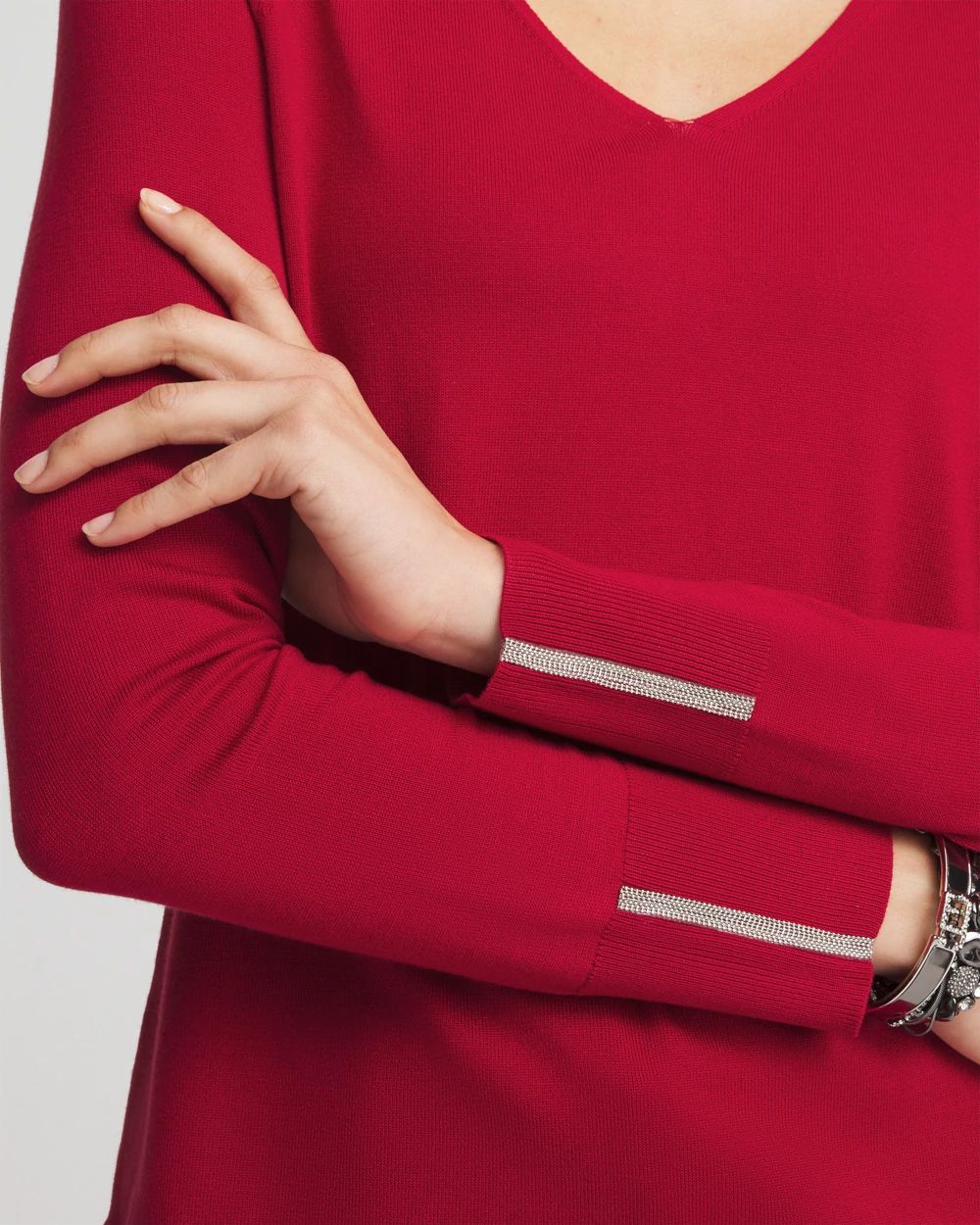 Caviar Trim V-Neck Pullover Sweater