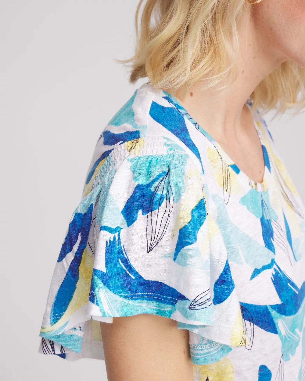 Linen Smocked Flutter-Sleeved Tee