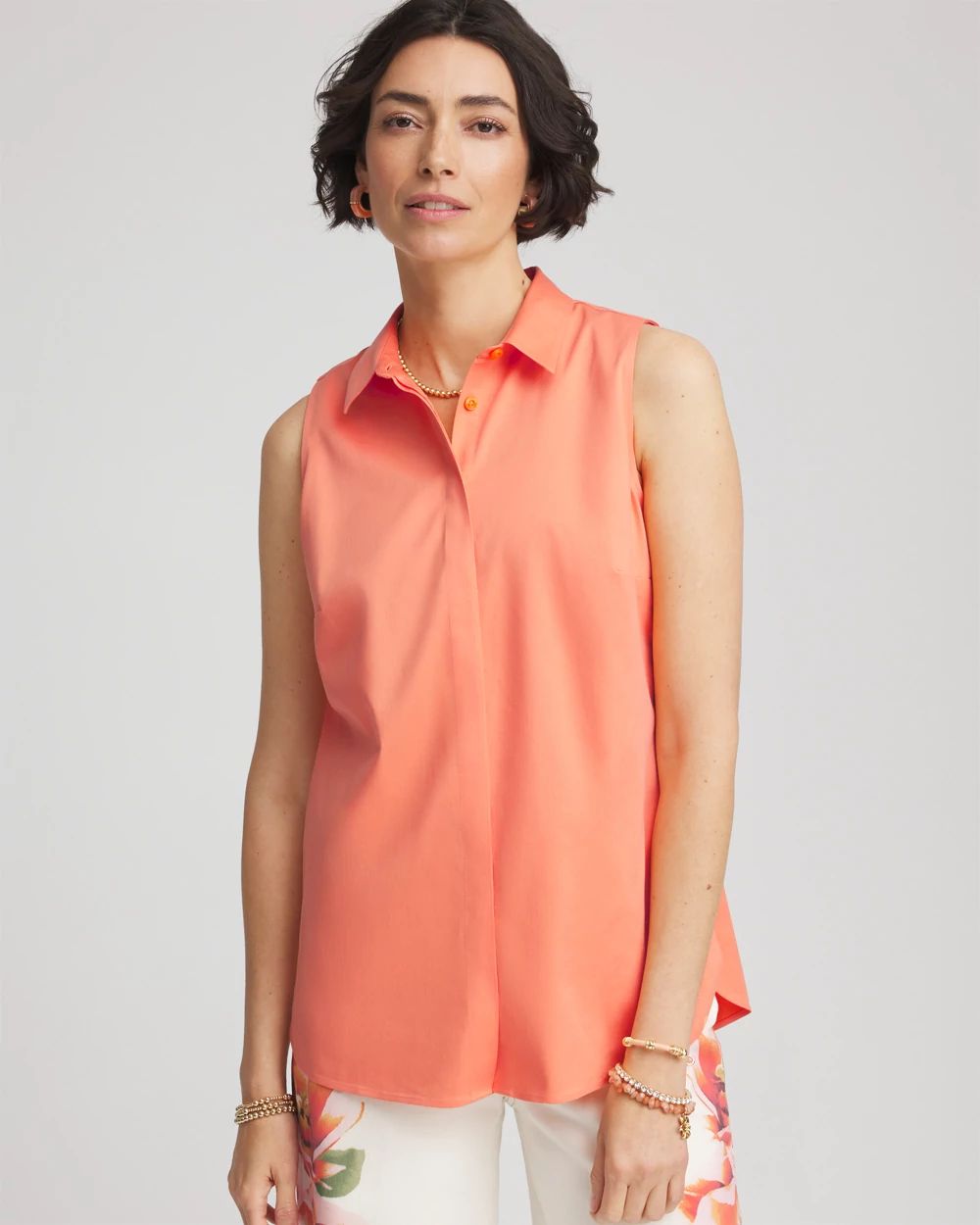 No Iron™ Sleeveless Sateen-Stretch Shirt
