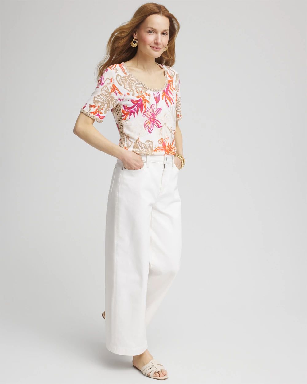 Floral Print Crochet-Trim Pullover Sweater click to view larger image.