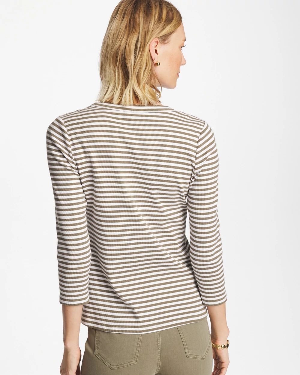 Striped Ribbed Button Crewneck Tee click to view larger image.