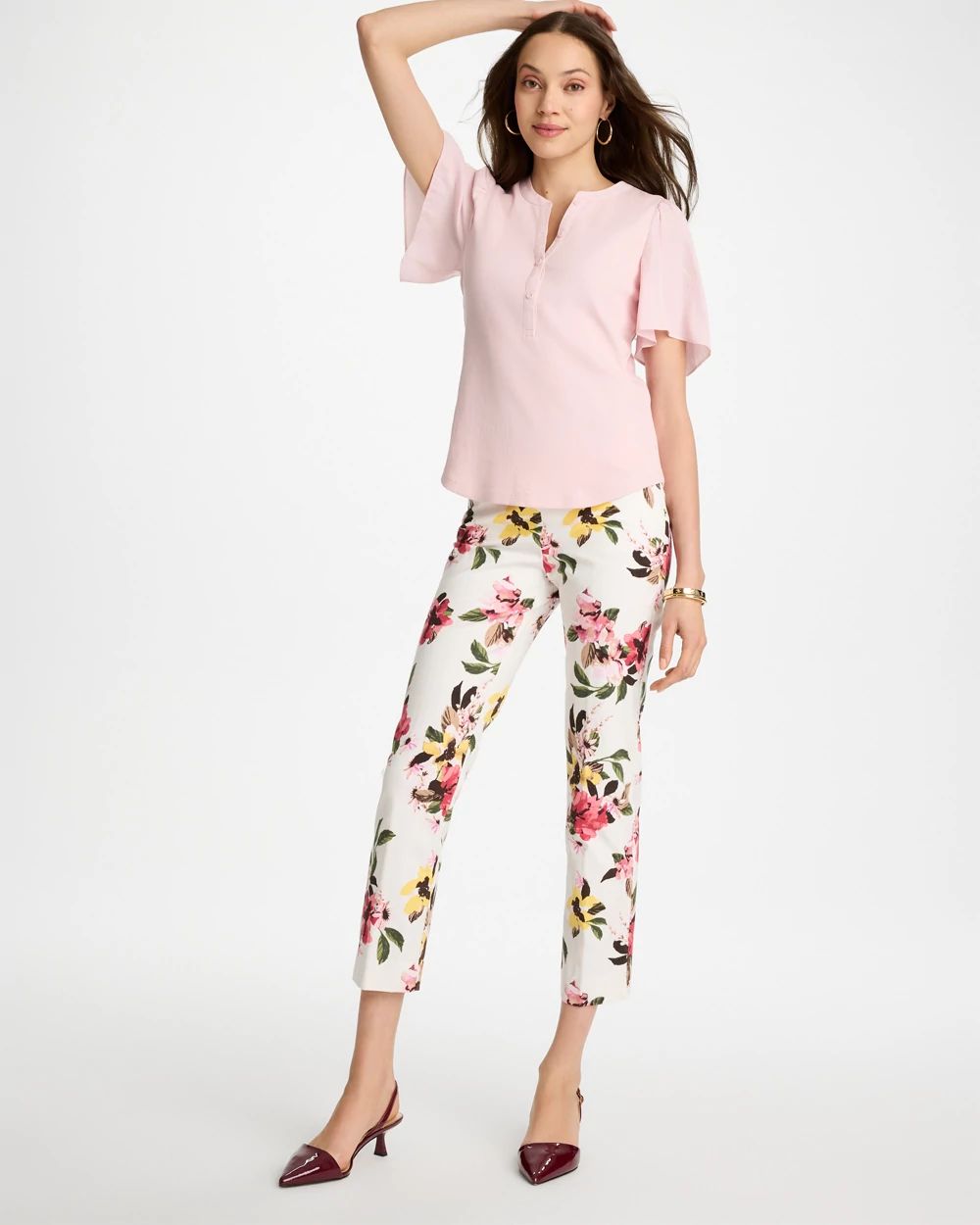 Rib Knit Woven Flutter Sleeve Tee