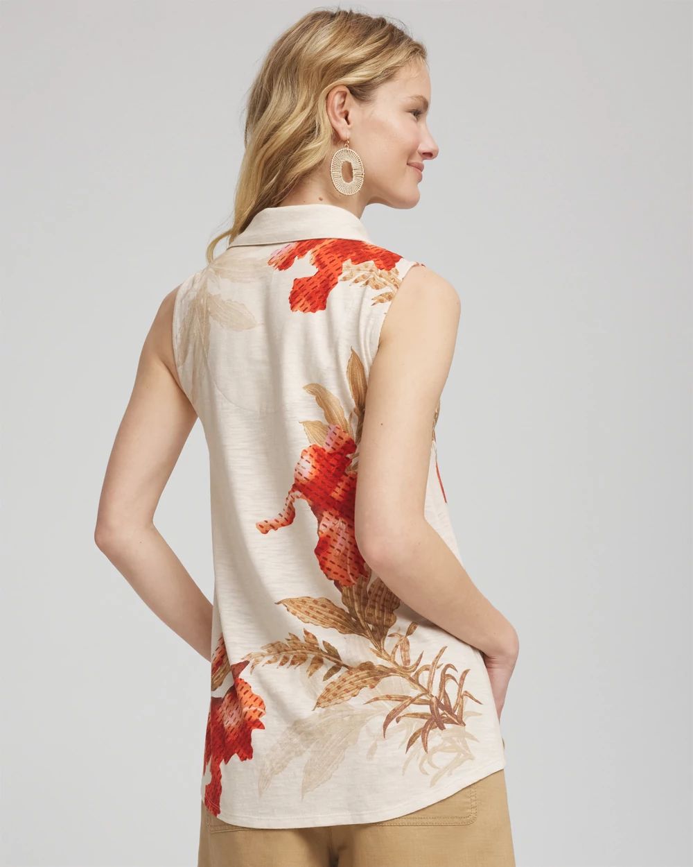 Floral Slub Sleeveless Collared Tunic