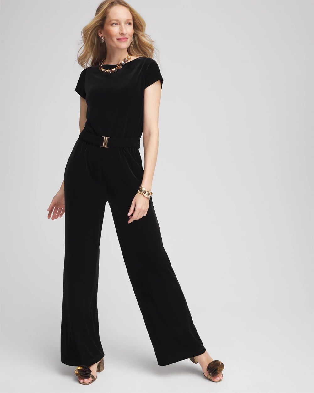Petite Travelers™ Belted Velvet Jumpsuit