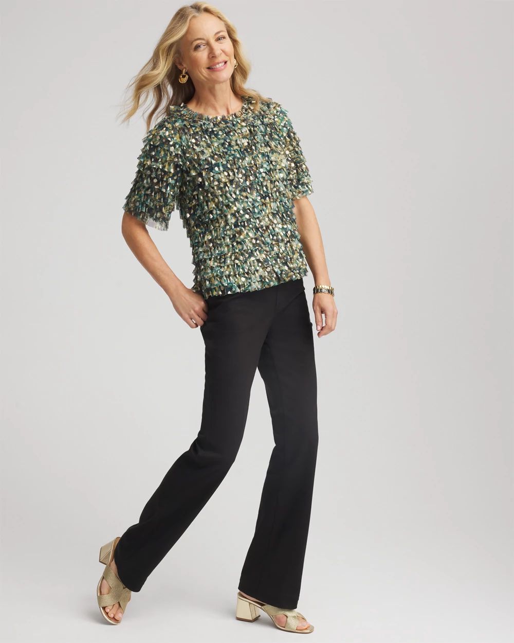 Foiled Mesh Ruffle Crop Tee